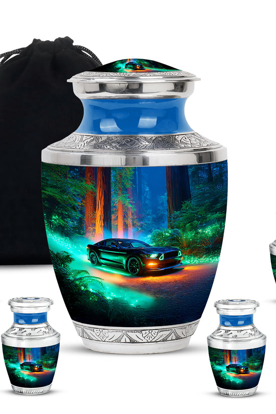 Soft Blue Car Cremation Urn lifestyle display on memorial shelf - stylized abstract car pattern with bold lines - memorial set with one large and four small urns