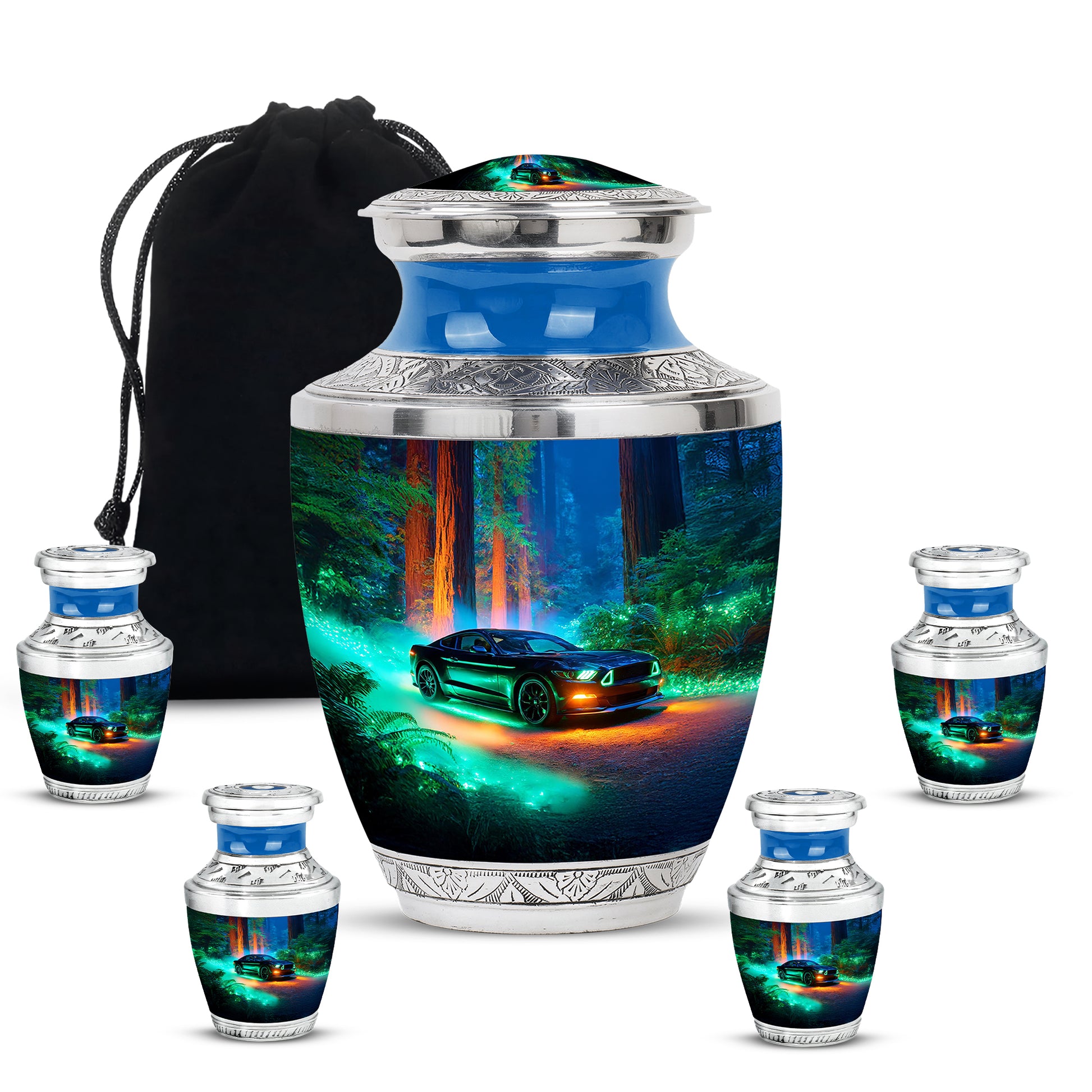 Soft Blue Car Cremation Urn lifestyle display on memorial shelf - stylized abstract car pattern with bold lines - memorial set with one large and four small urns