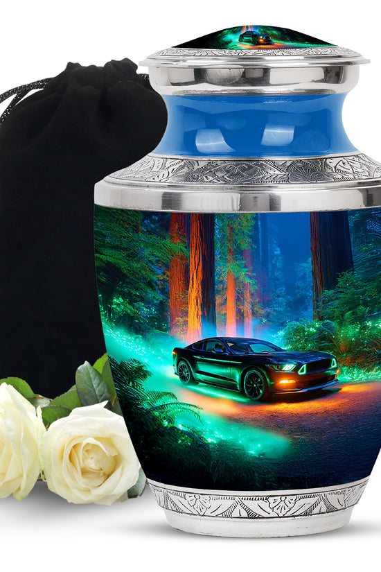 Azure Car Cremation Urn side profile showing urn shape - contemporary car design with modern artistic flair - full-size 10 inch 200 cubic inch adult cremation urn