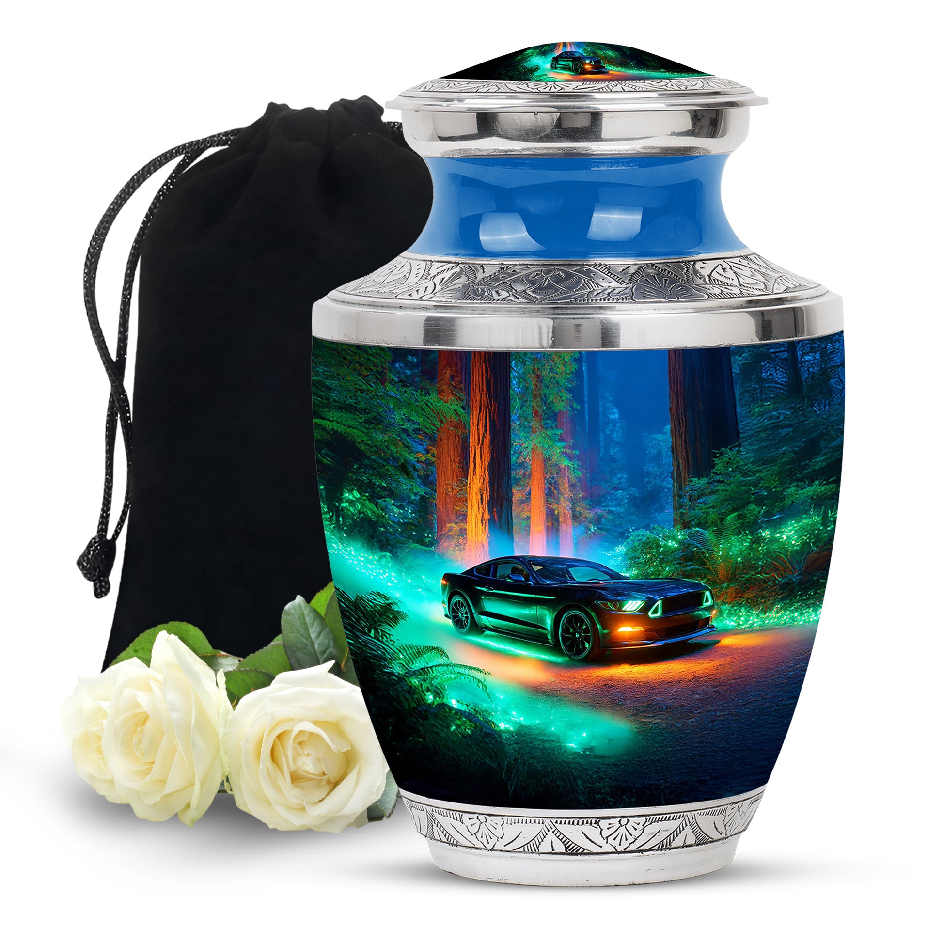 Azure Car Cremation Urn side profile showing urn shape - contemporary car design with modern artistic flair - full-size 10 inch 200 cubic inch adult cremation urn
