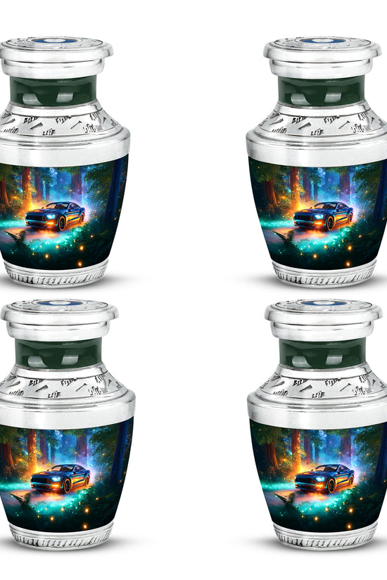 Mystic Teal Car Cremation Urn back view with polished surface - artistic car interpretation with creative detail - 10 inch aluminum urn for cremated remains