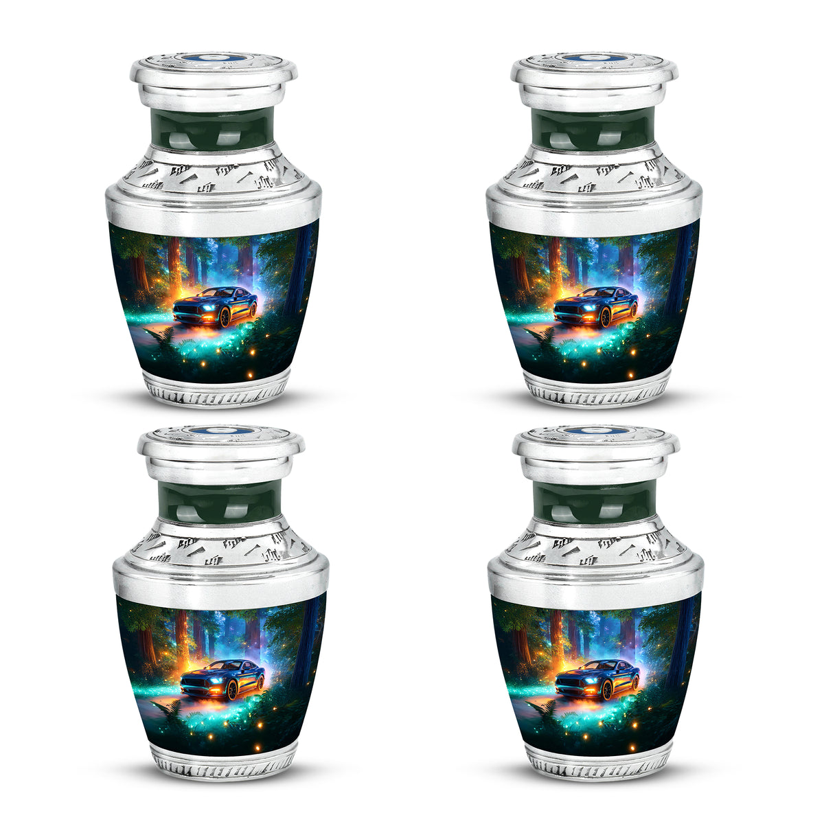 Mystic Teal Car Cremation Urn back view with polished surface - artistic car interpretation with creative detail - 10 inch aluminum urn for cremated remains