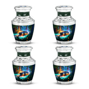 Mystic Teal Car Cremation Urn back view with polished surface - artistic car interpretation with creative detail - 10 inch aluminum urn for cremated remains