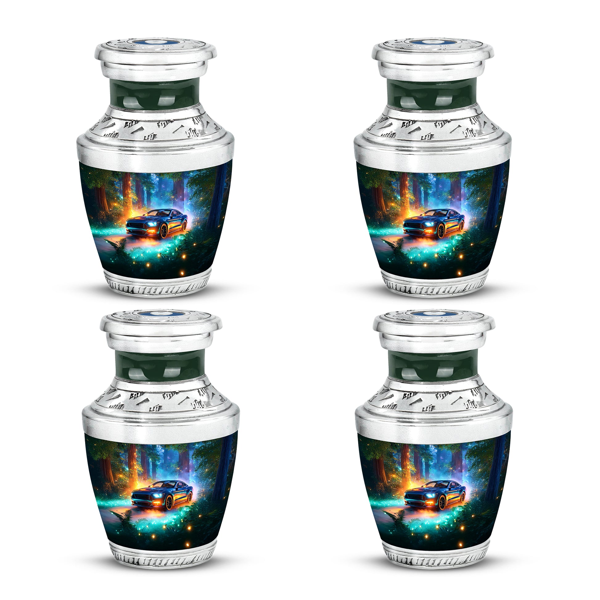 Mystic Teal Car Cremation Urn back view with polished surface - artistic car interpretation with creative detail - 10 inch aluminum urn for cremated remains