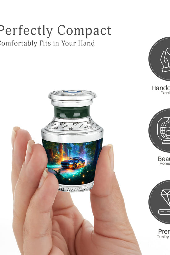 Tropical Teal Car Cremation Urn top-down view of secure threaded lid - stylized abstract car pattern with bold lines - mini keepsake memorial for portion of cremation ashes