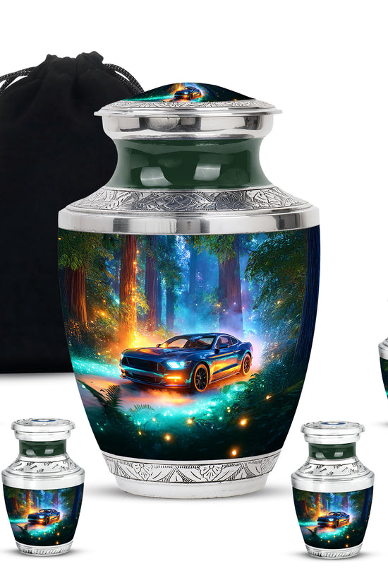 Tropical Teal Car Cremation Urn lifestyle display on memorial shelf - stylized abstract car pattern with bold lines - memorial set with one large and four small urns