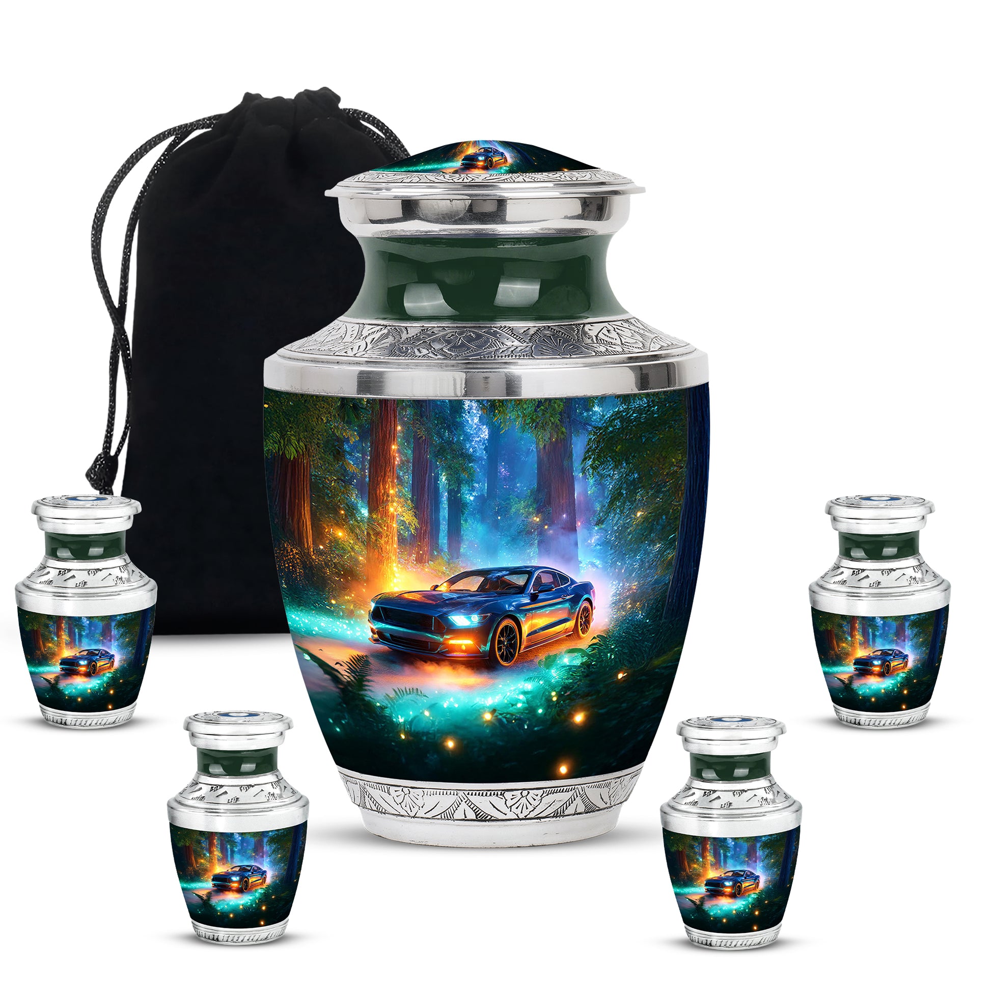 Tropical Teal Car Cremation Urn lifestyle display on memorial shelf - stylized abstract car pattern with bold lines - memorial set with one large and four small urns