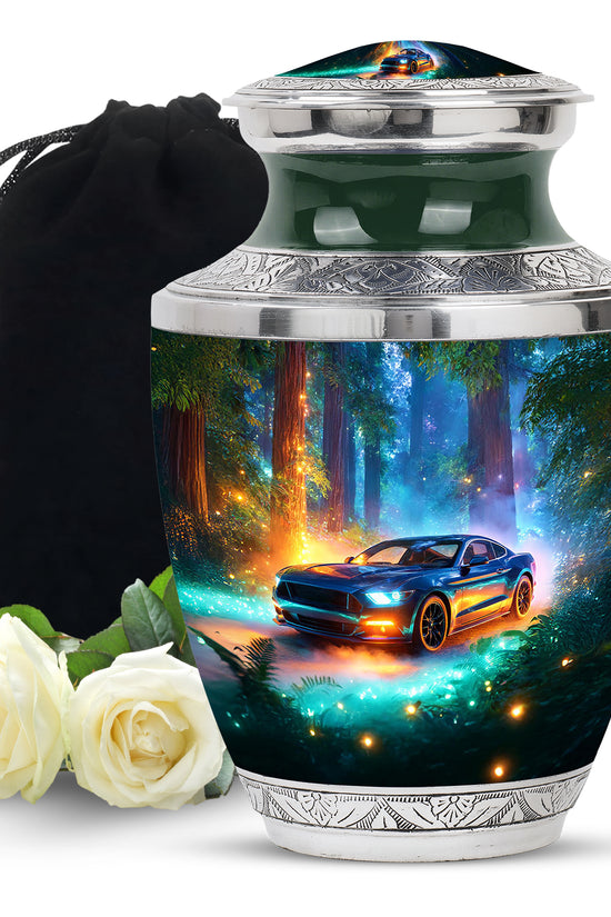Jewel Teal Car Cremation Urn side profile showing urn shape - modern art-inspired car motif on sleek aluminum - full-size 10 inch 200 cubic inch adult cremation urn