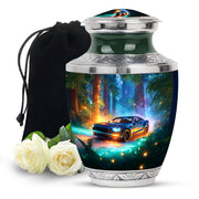 Jewel Teal Car Cremation Urn side profile showing urn shape - modern art-inspired car motif on sleek aluminum - full-size 10 inch 200 cubic inch adult cremation urn