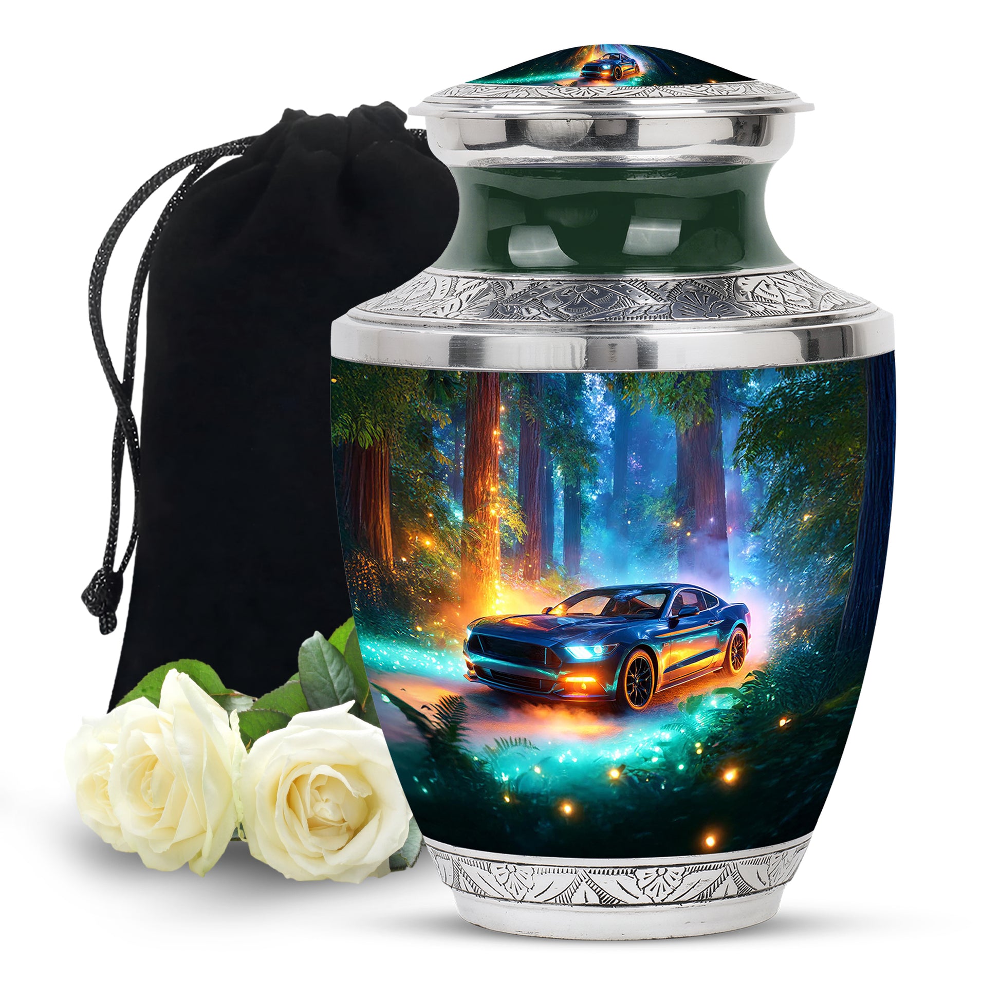 Jewel Teal Car Cremation Urn side profile showing urn shape - modern art-inspired car motif on sleek aluminum - full-size 10 inch 200 cubic inch adult cremation urn