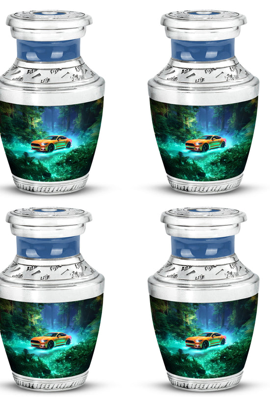 Jewel Teal Car Cremation Urn back view with polished surface - modern art-inspired car motif on sleek aluminum - 10 inch aluminum urn for cremated remains