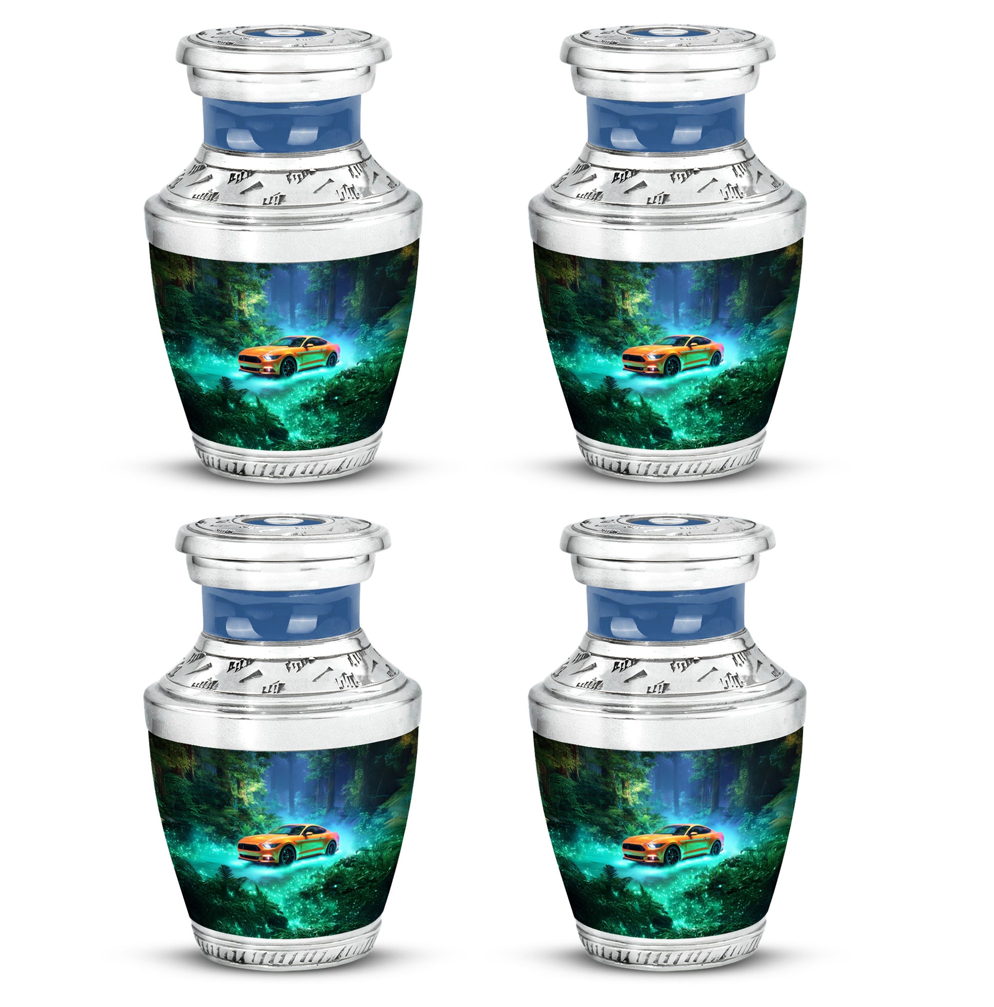 Jewel Teal Car Cremation Urn back view with polished surface - modern art-inspired car motif on sleek aluminum - 10 inch aluminum urn for cremated remains