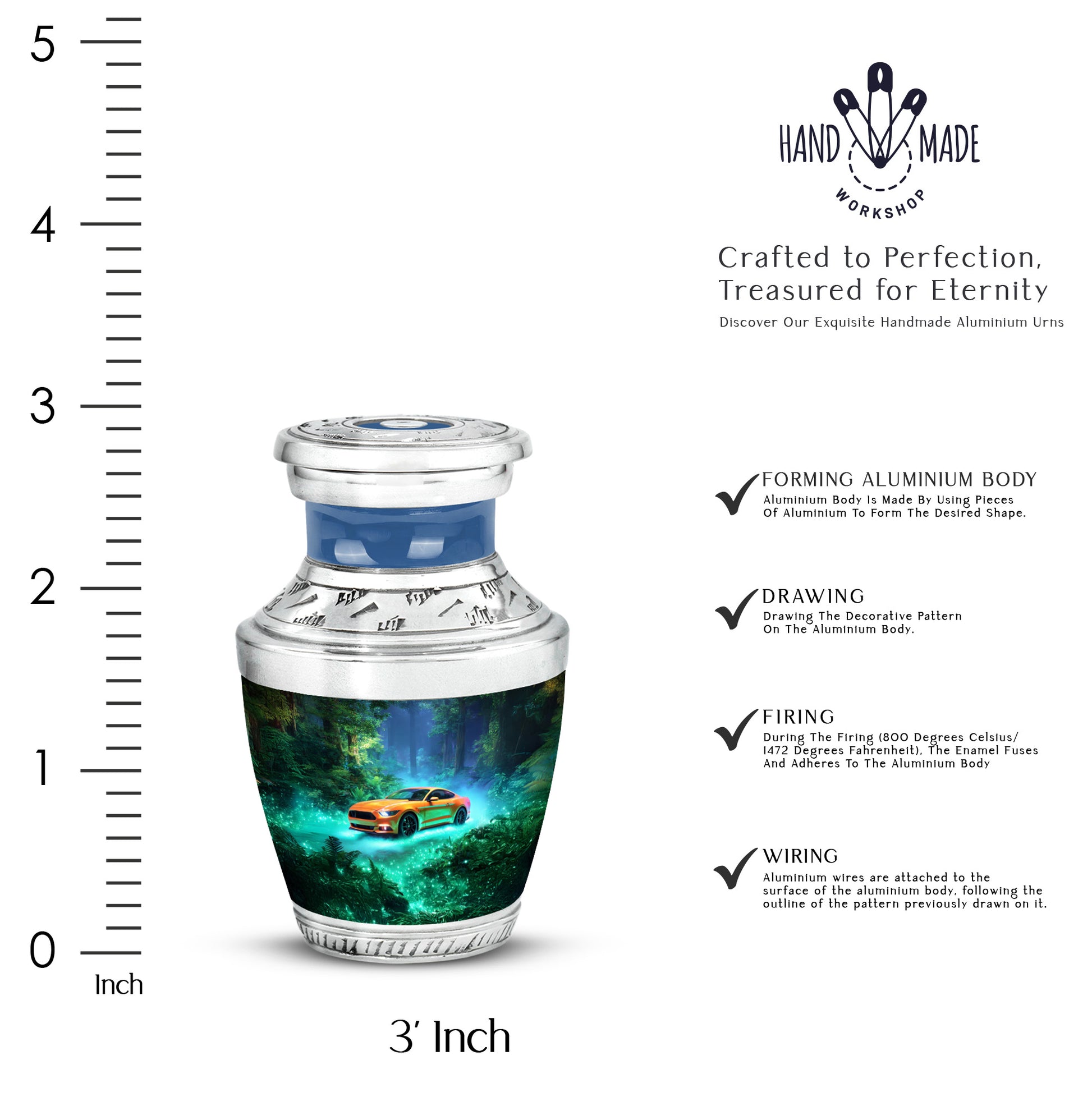 Sea Green Teal Car Cremation Urn top-down view of secure threaded lid - modern art-inspired car motif on sleek aluminum - mini keepsake memorial for portion of cremation ashes