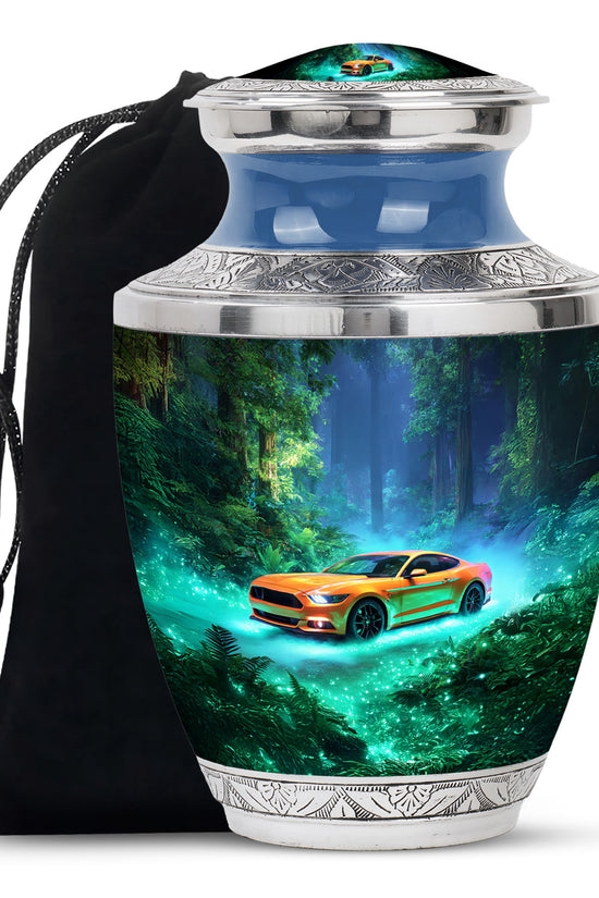 Mystic Teal Car Cremation Urn side profile showing urn shape - stylized abstract car pattern with bold lines - full-size 10 inch 200 cubic inch adult cremation urn