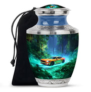 Mystic Teal Car Cremation Urn side profile showing urn shape - stylized abstract car pattern with bold lines - full-size 10 inch 200 cubic inch adult cremation urn