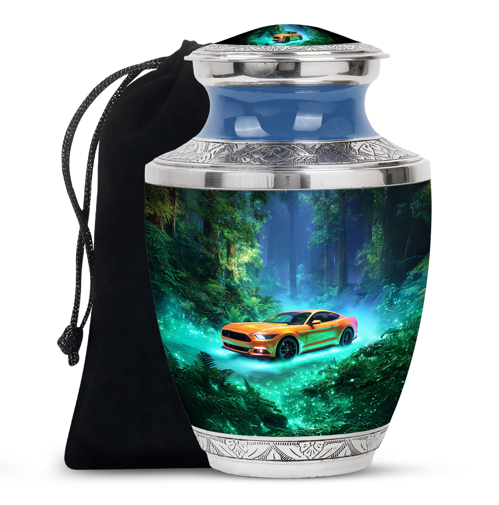 Mystic Teal Car Cremation Urn side profile showing urn shape - stylized abstract car pattern with bold lines - full-size 10 inch 200 cubic inch adult cremation urn