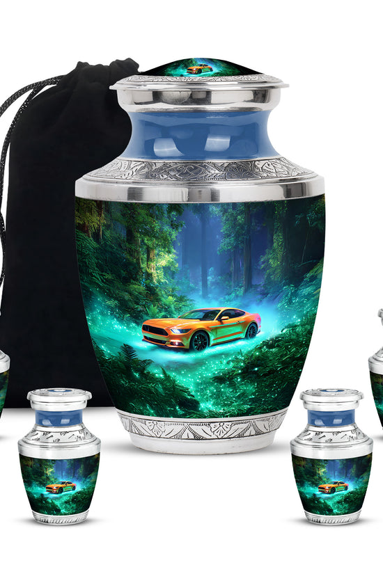Cool Teal Car Cremation Urn lifestyle display on memorial shelf - modern art-inspired car motif on sleek aluminum - memorial set with one large and four small urns
