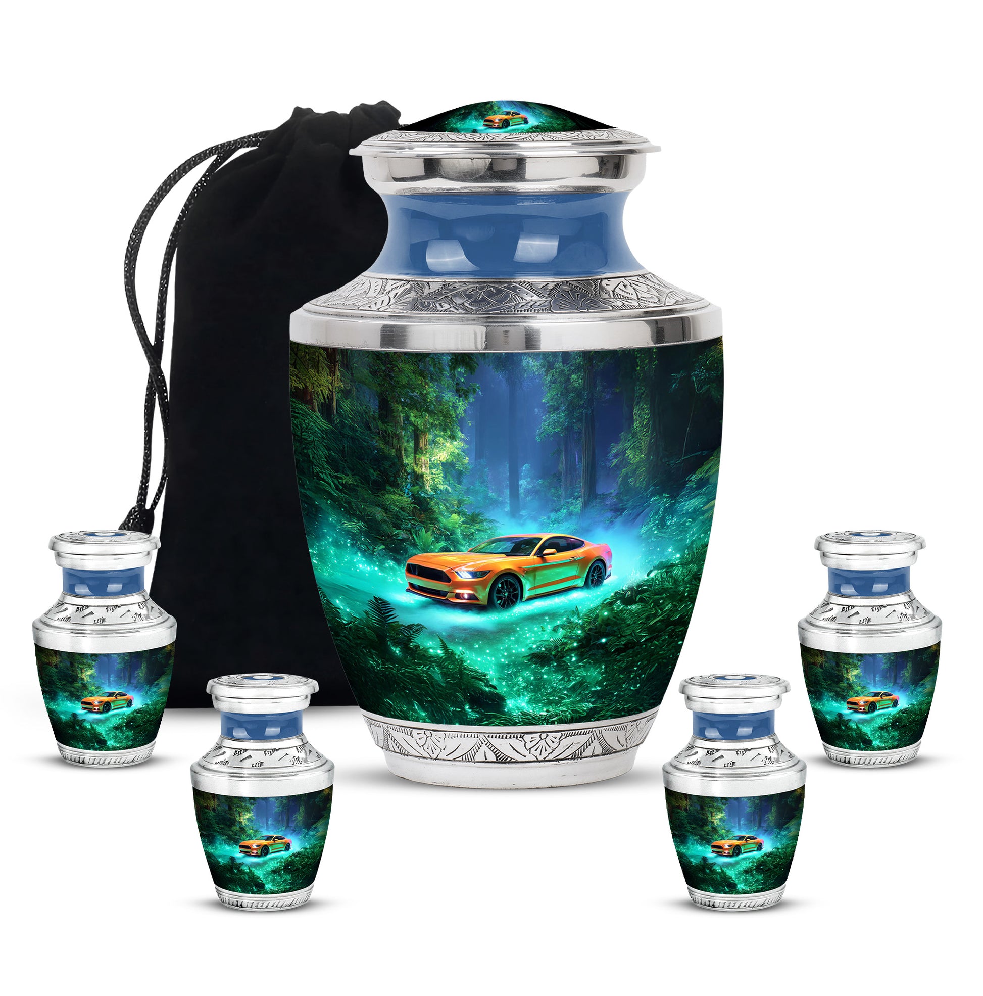 Cool Teal Car Cremation Urn lifestyle display on memorial shelf - modern art-inspired car motif on sleek aluminum - memorial set with one large and four small urns