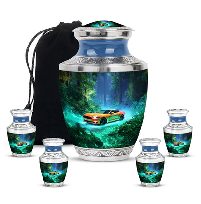 Cool Teal Car Cremation Urn lifestyle display on memorial shelf - modern art-inspired car motif on sleek aluminum - memorial set with one large and four small urns