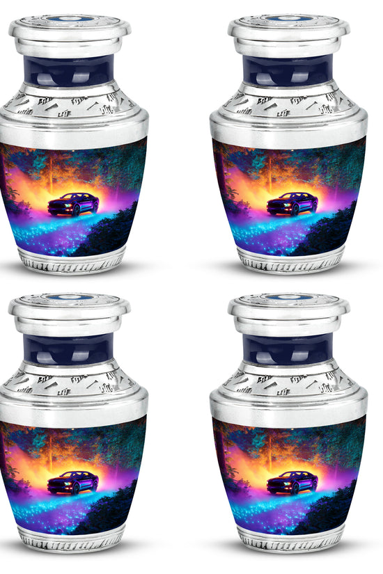 Twilight Blue Car Cremation Urn back view with polished surface - artistic car interpretation with creative detail - 10 inch aluminum urn for cremated remains