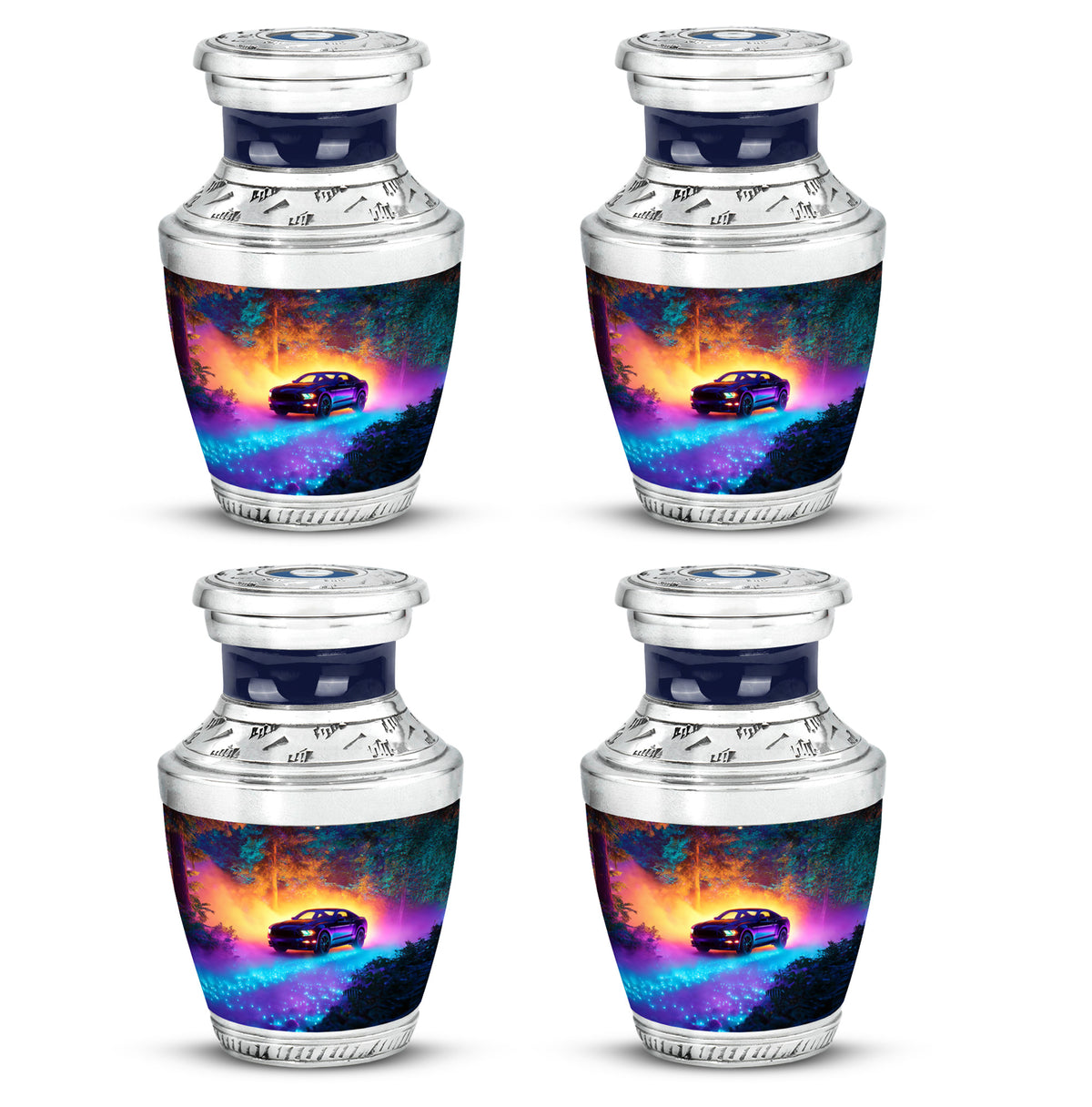 Twilight Blue Car Cremation Urn back view with polished surface - artistic car interpretation with creative detail - 10 inch aluminum urn for cremated remains
