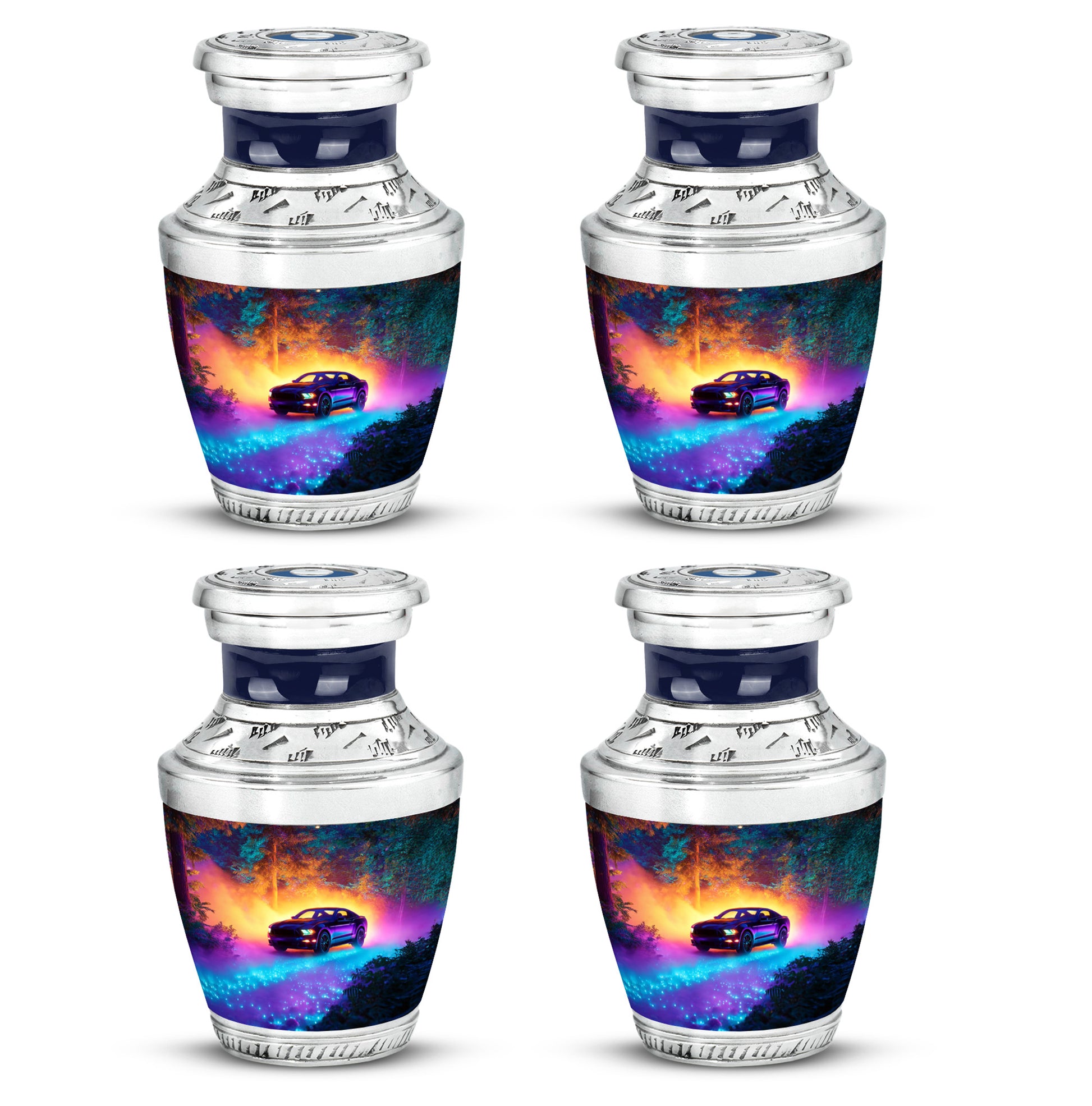 Twilight Blue Car Cremation Urn back view with polished surface - artistic car interpretation with creative detail - 10 inch aluminum urn for cremated remains