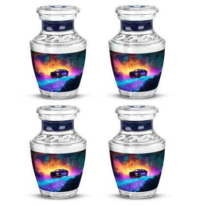 Twilight Blue Car Cremation Urn back view with polished surface - artistic car interpretation with creative detail - 10 inch aluminum urn for cremated remains