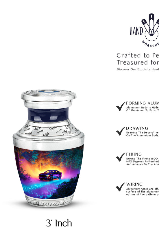 Twilight Blue Car Cremation Urn top-down view of secure threaded lid - stylized abstract car pattern with bold lines - mini keepsake memorial for portion of cremation ashes