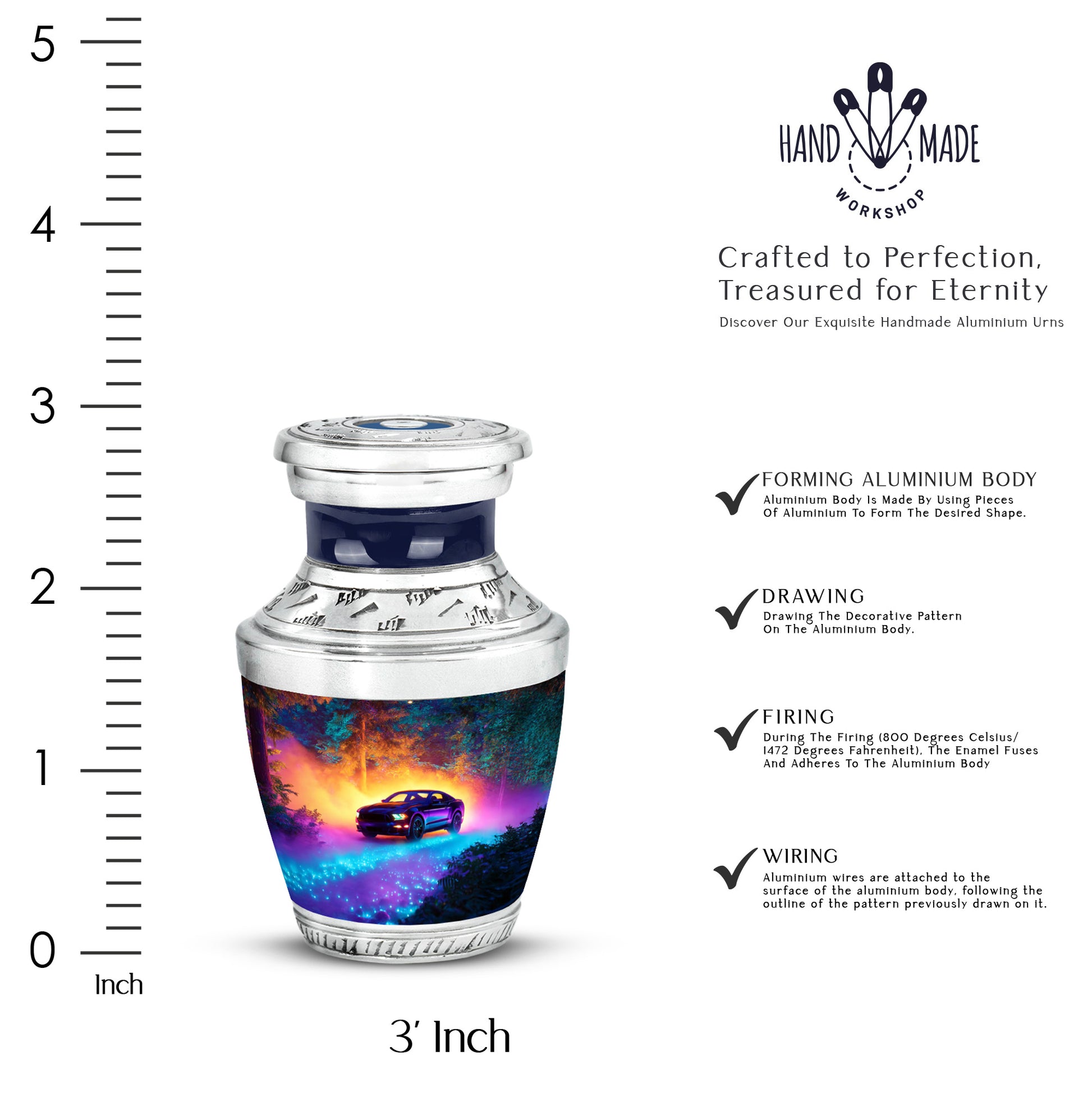 Twilight Blue Car Cremation Urn top-down view of secure threaded lid - stylized abstract car pattern with bold lines - mini keepsake memorial for portion of cremation ashes