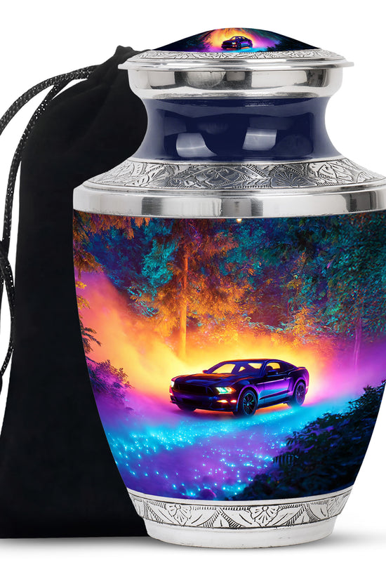 Vivid Blue Car Cremation Urn side profile showing urn shape - artistic car interpretation with creative detail - full-size 10 inch 200 cubic inch adult cremation urn
