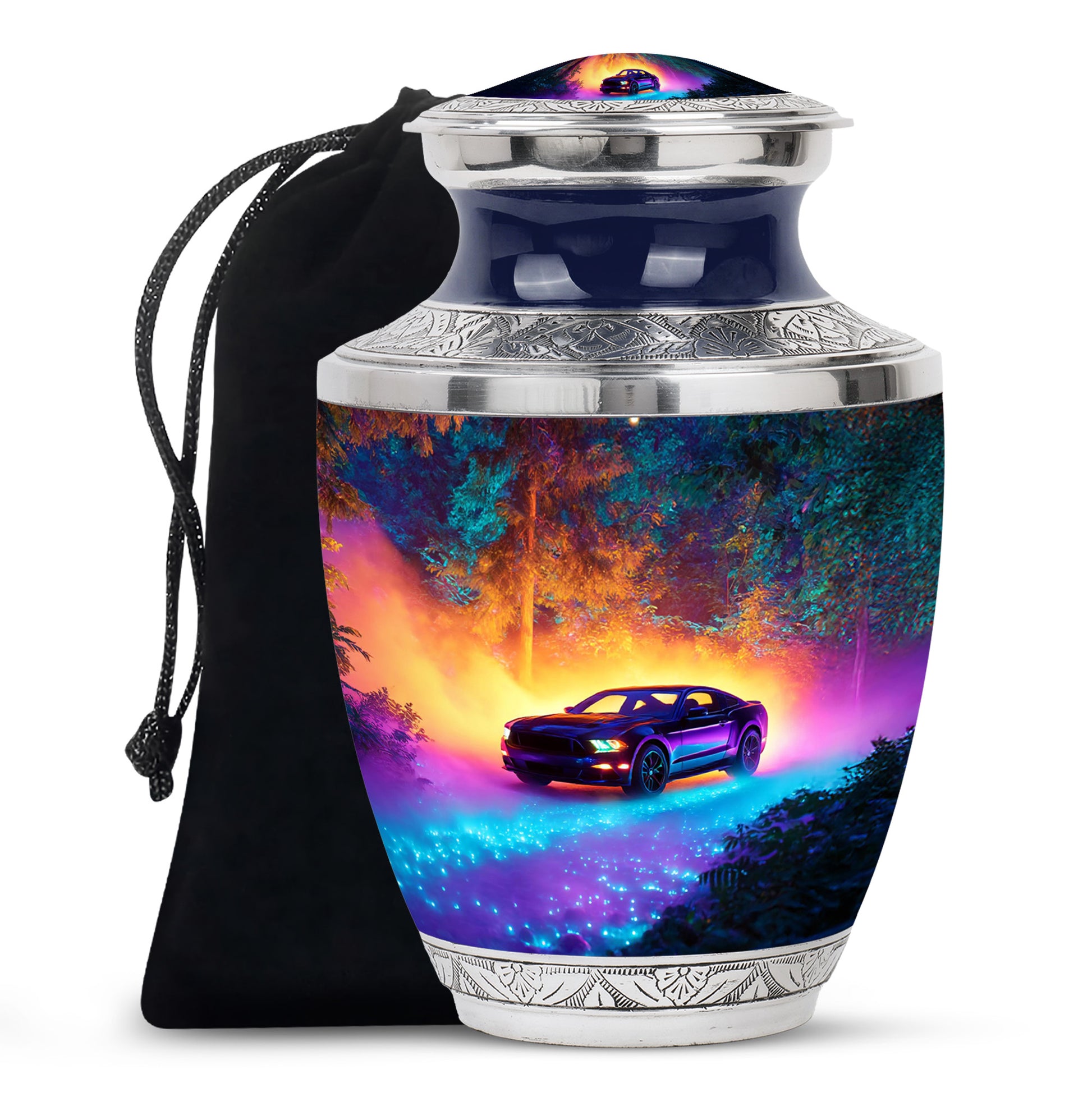 Vivid Blue Car Cremation Urn side profile showing urn shape - artistic car interpretation with creative detail - full-size 10 inch 200 cubic inch adult cremation urn