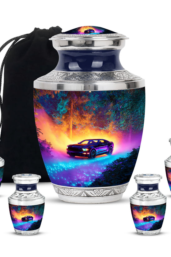 Pastel Blue Car Cremation Urn lifestyle display on memorial shelf - modern art-inspired car motif on sleek aluminum - memorial set with one large and four small urns