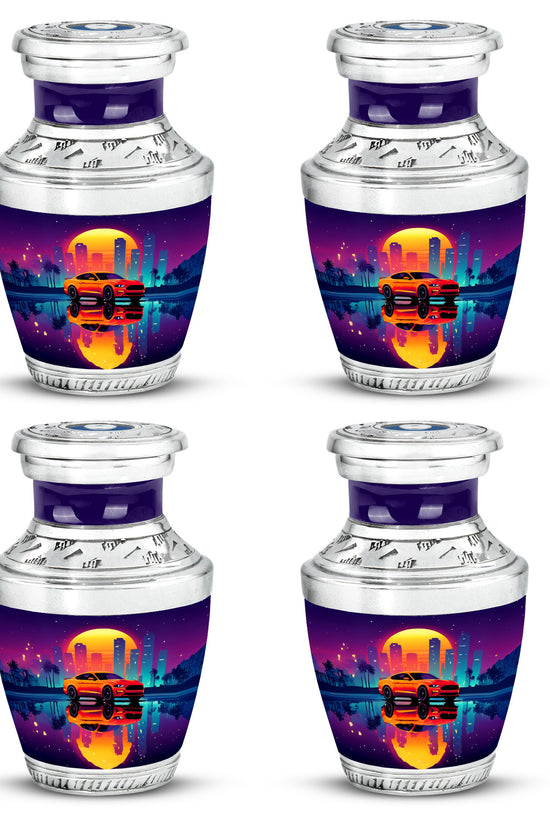 Majestic Purple Car Cremation Urn back view with polished surface - modern art-inspired car motif on sleek aluminum - 10 inch aluminum urn for cremated remains