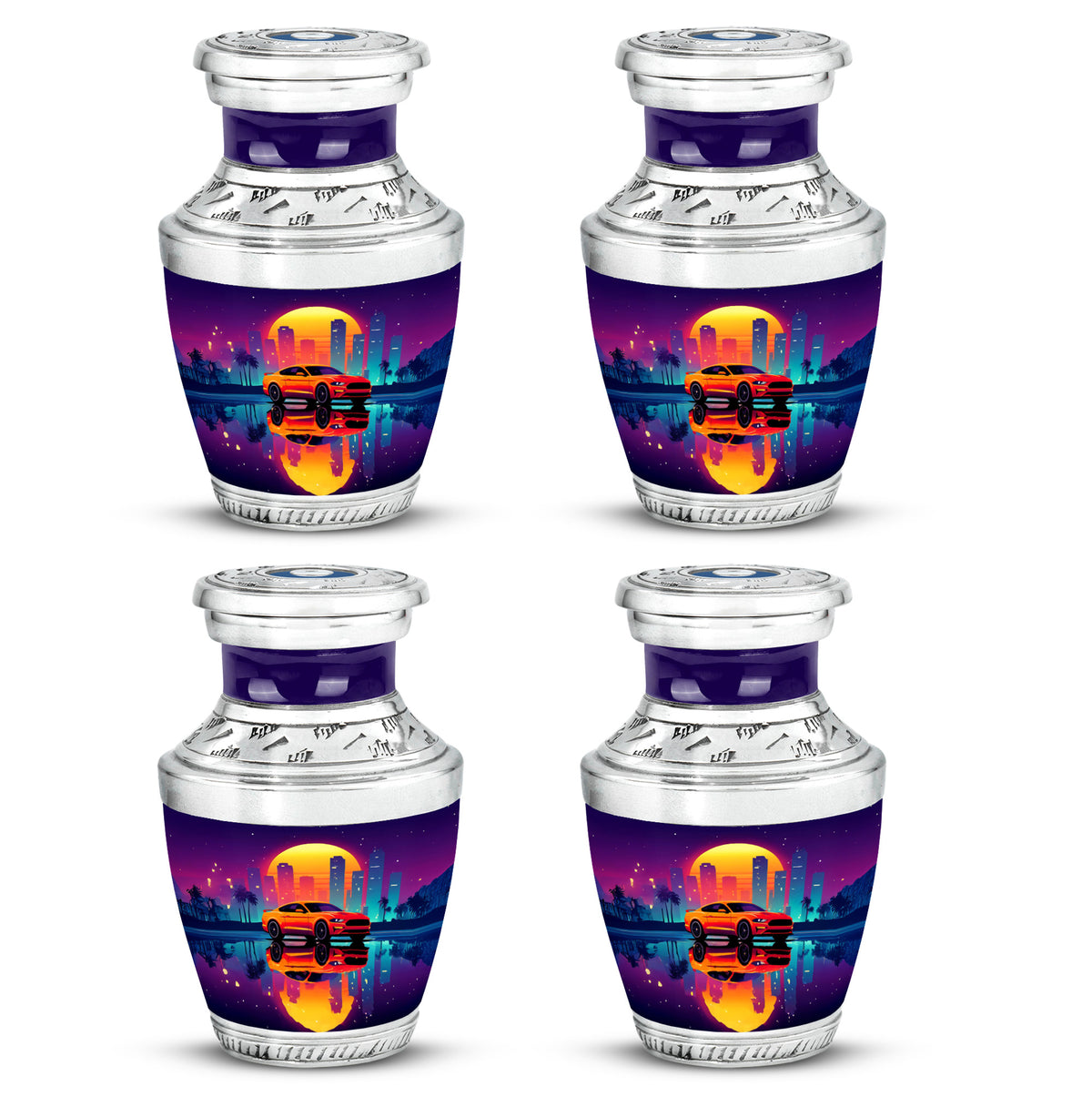 Majestic Purple Car Cremation Urn back view with polished surface - modern art-inspired car motif on sleek aluminum - 10 inch aluminum urn for cremated remains