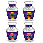 Majestic Purple Car Cremation Urn back view with polished surface - modern art-inspired car motif on sleek aluminum - 10 inch aluminum urn for cremated remains