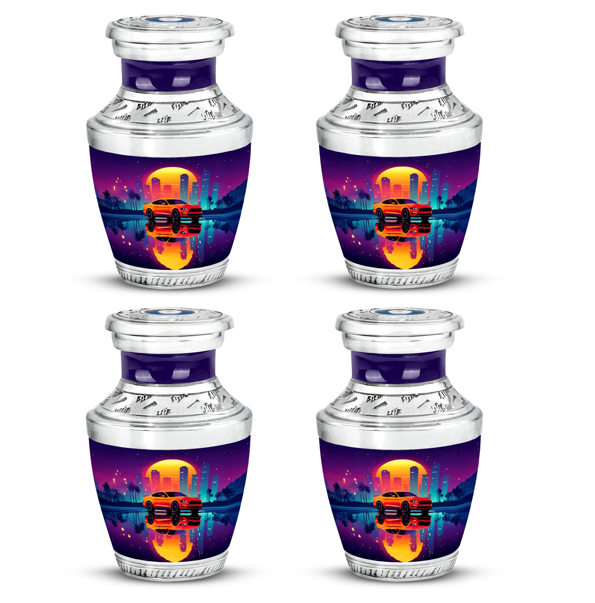 Majestic Purple Car Cremation Urn back view with polished surface - modern art-inspired car motif on sleek aluminum - 10 inch aluminum urn for cremated remains