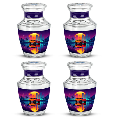 Majestic Purple Car Cremation Urn back view with polished surface - modern art-inspired car motif on sleek aluminum - 10 inch aluminum urn for cremated remains