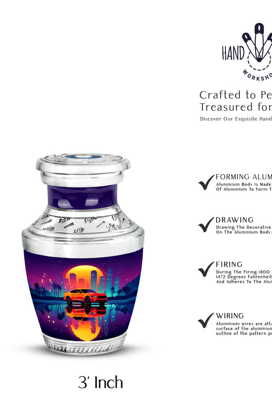 Grape Purple Car Cremation Urn top-down view of secure threaded lid - stylized abstract car pattern with bold lines - mini keepsake memorial for portion of cremation ashes