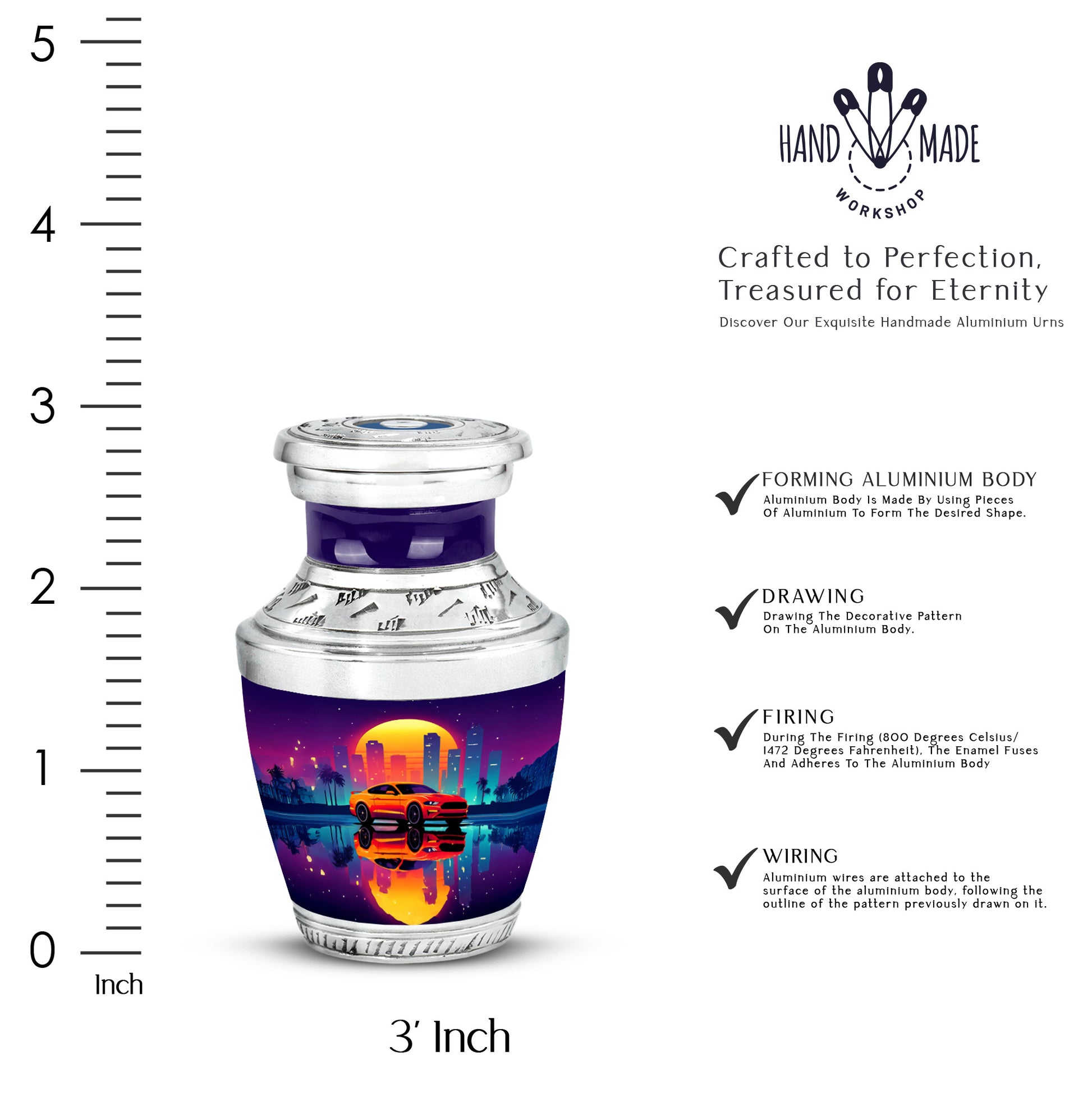 Grape Purple Car Cremation Urn top-down view of secure threaded lid - stylized abstract car pattern with bold lines - mini keepsake memorial for portion of cremation ashes