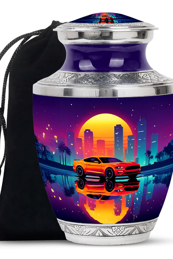 Deep Purple Car Cremation Urn side profile showing urn shape - modern art-inspired car motif on sleek aluminum - full-size 10 inch 200 cubic inch adult cremation urn