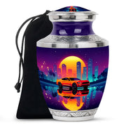 Deep Purple Car Cremation Urn side profile showing urn shape - modern art-inspired car motif on sleek aluminum - full-size 10 inch 200 cubic inch adult cremation urn