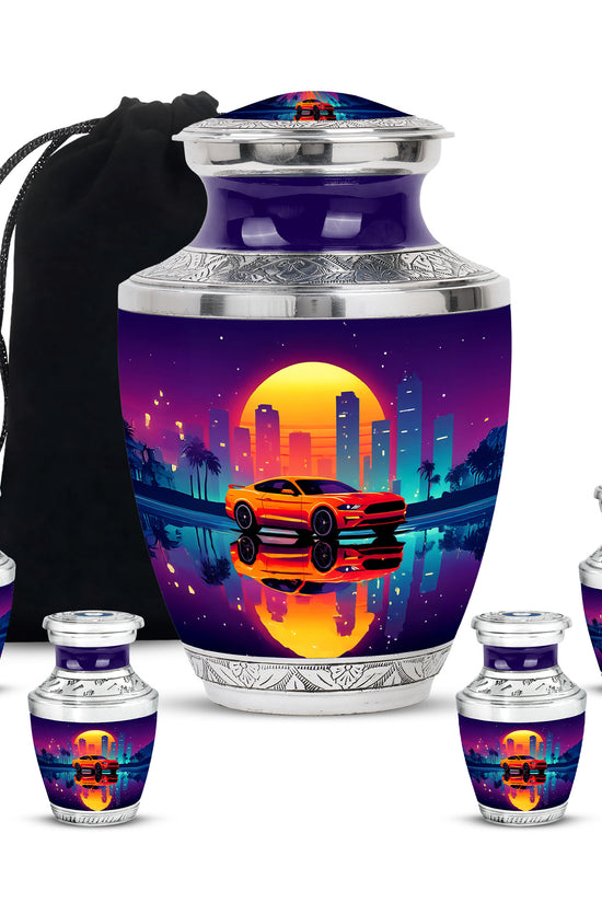 Amethyst Purple Car Cremation Urn lifestyle display on memorial shelf - contemporary car design with modern artistic flair - memorial set with one large and four small urns