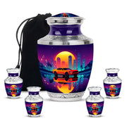 Amethyst Purple Car Cremation Urn lifestyle display on memorial shelf - contemporary car design with modern artistic flair - memorial set with one large and four small urns