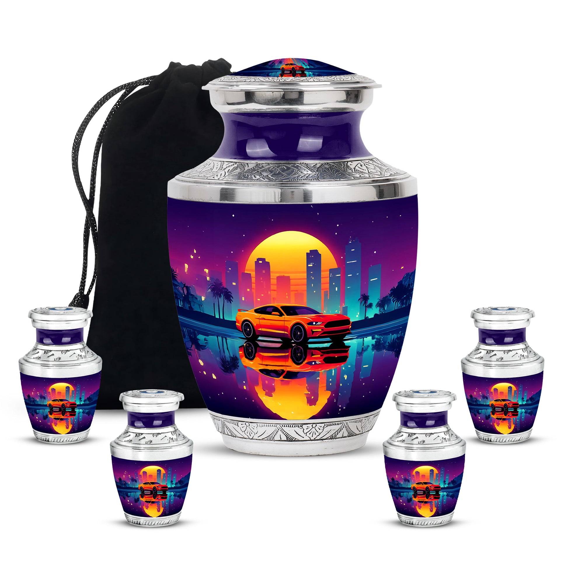 Amethyst Purple Car Cremation Urn lifestyle display on memorial shelf - contemporary car design with modern artistic flair - memorial set with one large and four small urns