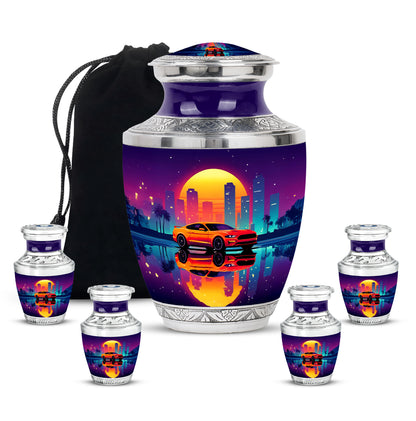 Amethyst Purple Car Cremation Urn lifestyle display on memorial shelf - contemporary car design with modern artistic flair - memorial set with one large and four small urns