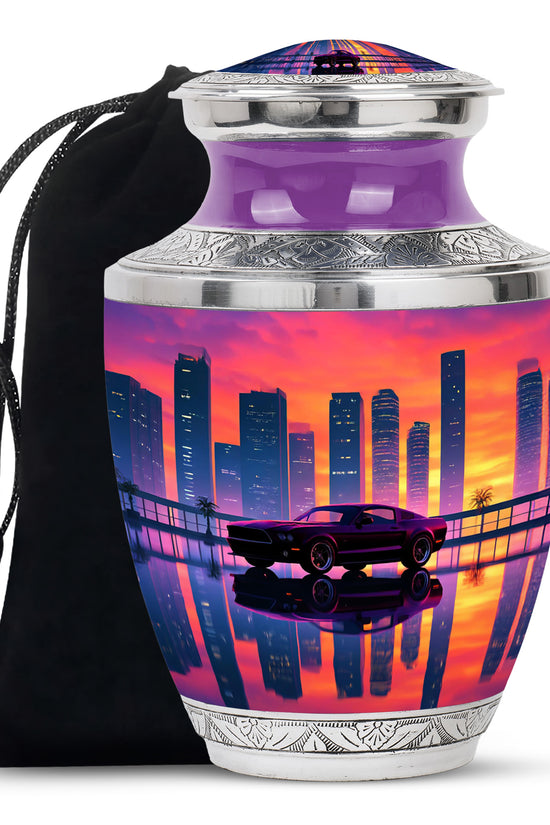 Soft Pink Car Cremation Urn side profile showing urn shape - stylized abstract car pattern with bold lines - full-size 10 inch 200 cubic inch adult cremation urn