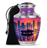 Soft Pink Car Cremation Urn side profile showing urn shape - stylized abstract car pattern with bold lines - full-size 10 inch 200 cubic inch adult cremation urn