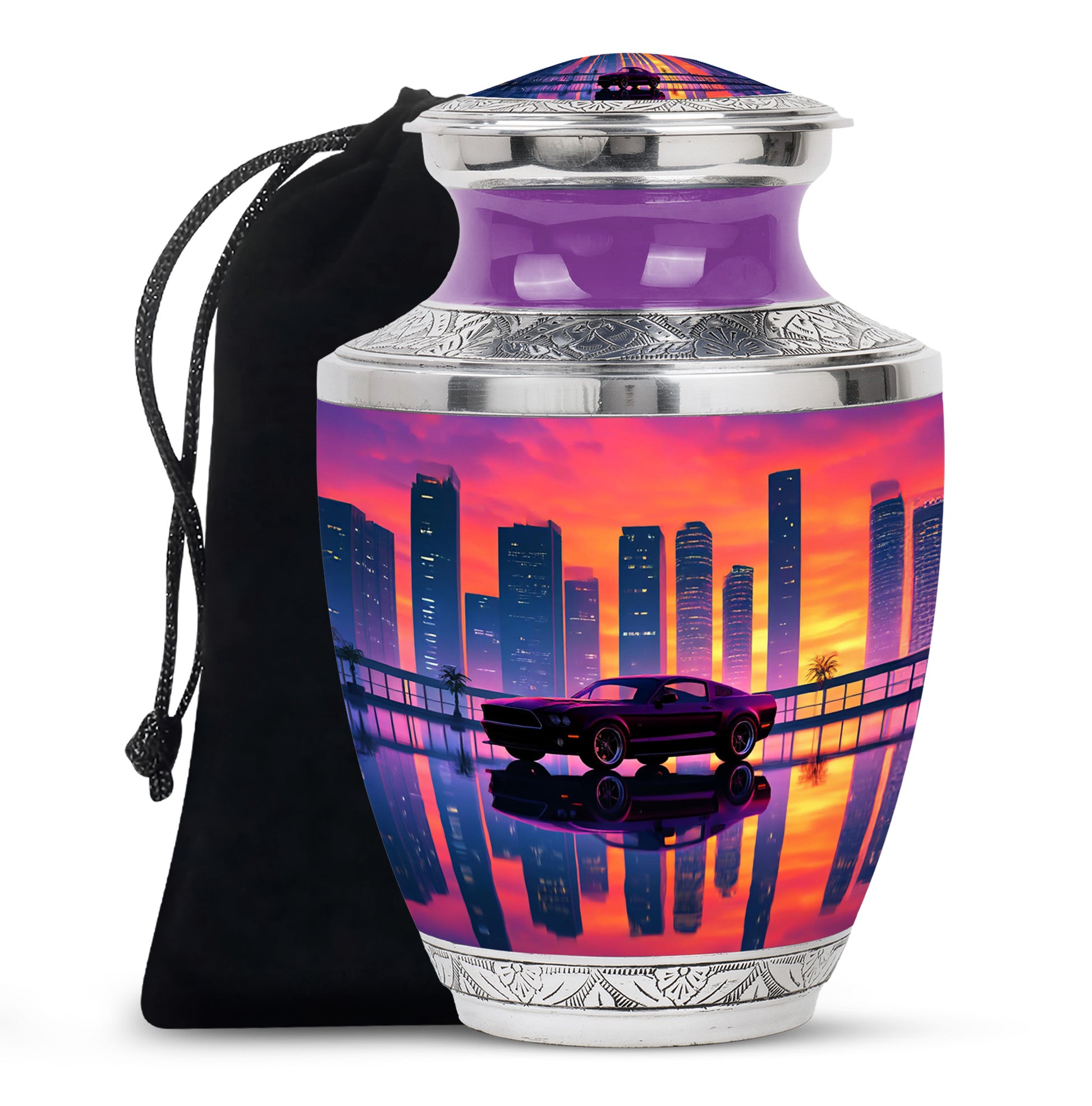 Soft Pink Car Cremation Urn side profile showing urn shape - stylized abstract car pattern with bold lines - full-size 10 inch 200 cubic inch adult cremation urn