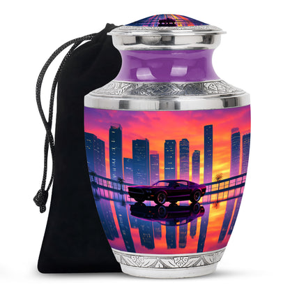 Soft Pink Car Cremation Urn side profile showing urn shape - stylized abstract car pattern with bold lines - full-size 10 inch 200 cubic inch adult cremation urn