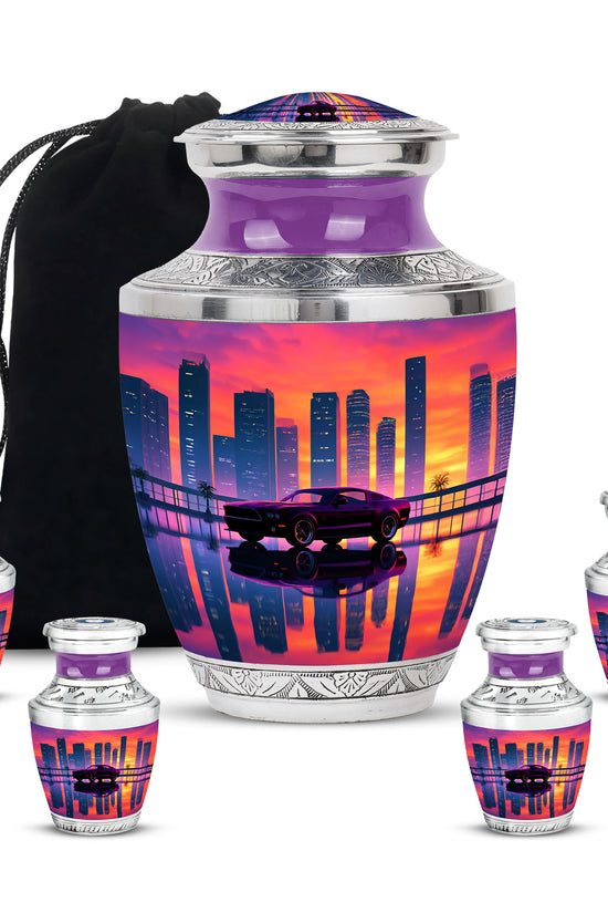 Salmon Pink Car Cremation Urn lifestyle display on memorial shelf - artistic car interpretation with creative detail - memorial set with one large and four small urns
